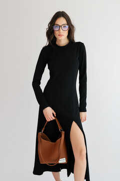 Black Ribbed Dress With 2 Cuts 
