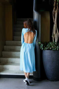 Blue Linen Cutout Dress, Long Sleeve Dress for Summer 